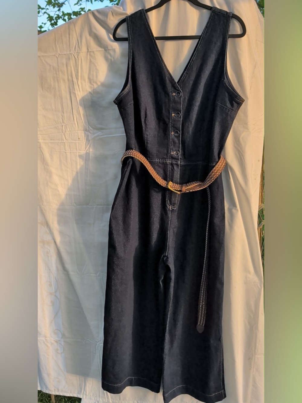 NWT Universal Thread Denim Midi Romper Navy Blue With Genuine Leather Belt